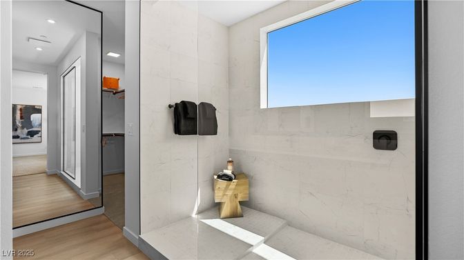 Bathroom, Interior, Marble Walls, Recessed Lighting, Wood Texture Flooring