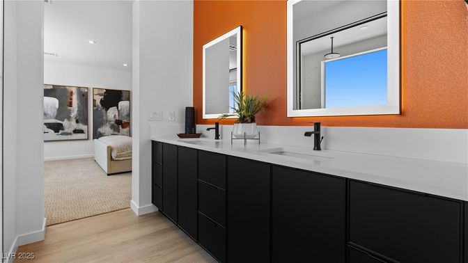 Bathroom, Dual Sink Vanities, Interior, Recessed Lighting, Wood Texture Flooring