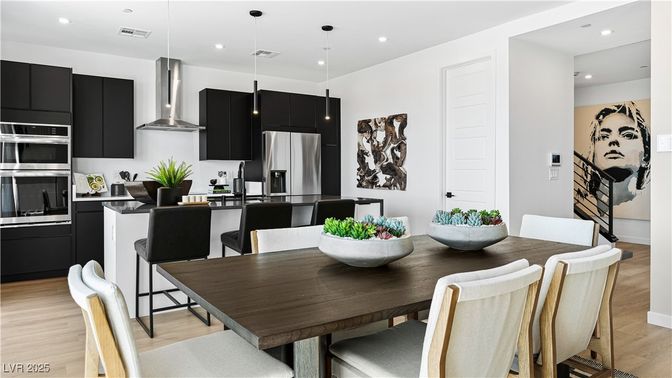 Dining room, Interior, Kitchen, Pendant Lights, Recessed Lighting, Stainless Steel Appliances, Wood Texture Flooring