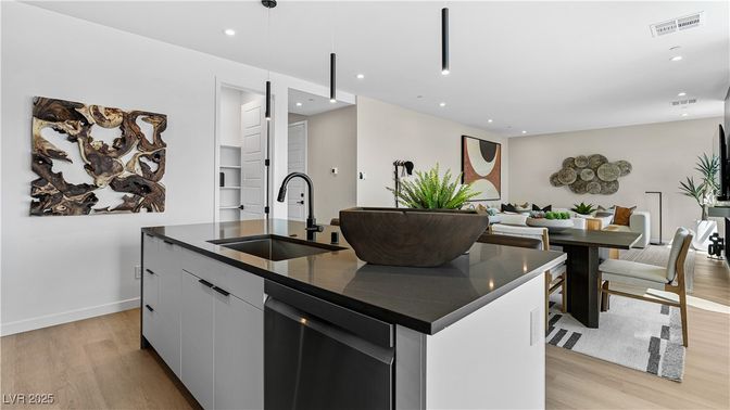 Dining room, Interior, Kitchen, Pendant Lights, Recessed Lighting, Stainless Steel Appliances, Wood Texture Flooring