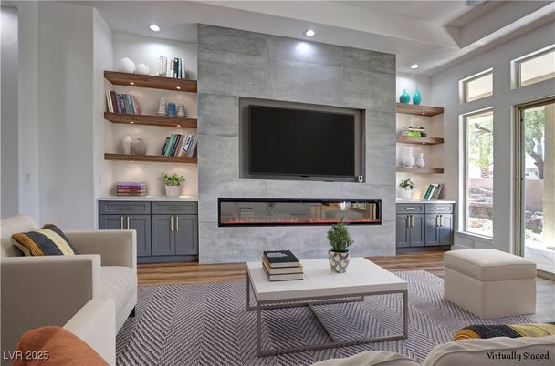 Fireplace, Interior, Living room, Recessed Lighting, Wood Texture Flooring