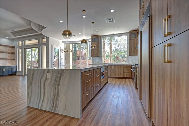 Interior, Kitchen, Pendant Lights, Recessed Lighting, Wood Texture Flooring
