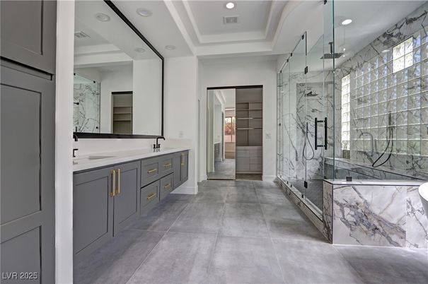 Bathroom, Dual Sink Vanities, Glass Shower, Interior, Marble Walls, Recessed Lighting