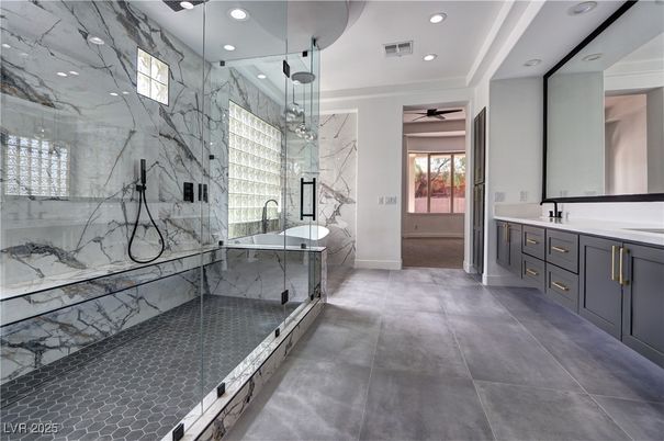 Bathroom, Dual Sink Vanities, Glass Shower, Interior, Marble Walls, Recessed Lighting