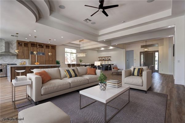 Dining room, Interior, Kitchen, Living room, Pendant Lights, Recessed Lighting, Wood Texture Flooring