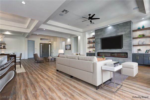 Dining room, Fireplace, Interior, Living room, Pendant Lights, Recessed Lighting, Wood Texture Flooring