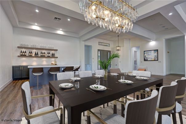 Chandelier, Dining room, Interior, Recessed Lighting, Wood Texture Flooring