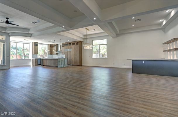Chandelier, Empty room, Interior, Kitchen, Pendant Lights, Recessed Lighting, Wood Texture Flooring