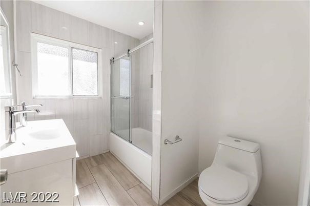 Bathroom, Glass Shower, Interior, Recessed Lighting, Wood Texture Flooring