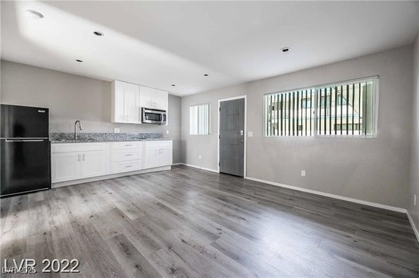 Empty room, Interior, Kitchen, Recessed Lighting, Wood Texture Flooring