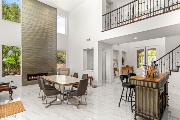 Dining room, Fireplace, Interior, Marble, Recessed Lighting