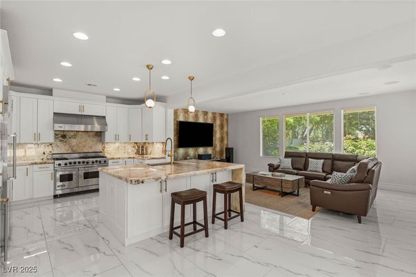 Interior, Kitchen, Living room, Marble, Pendant Lights, Recessed Lighting, Stainless Steel Appliances