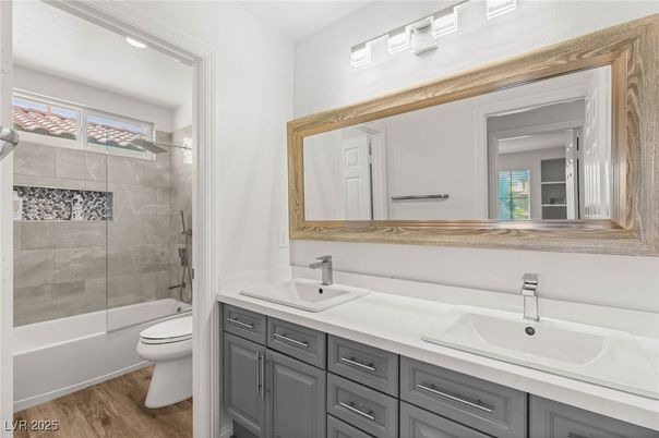 Bathroom, Dual Sink Vanities, Glass Shower, Interior, Wood Texture Flooring