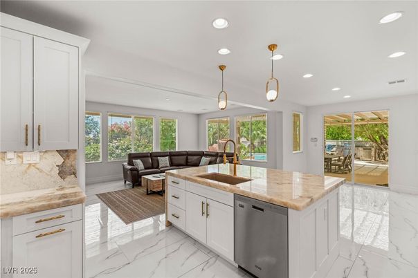 Interior, Kitchen, Living room, Marble, Pendant Lights, Recessed Lighting, Stainless Steel Appliances