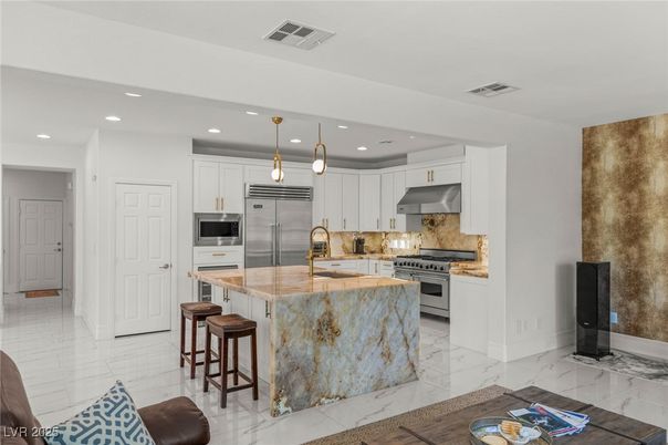 Interior, Kitchen, Marble, Pendant Lights, Recessed Lighting, Stainless Steel Appliances