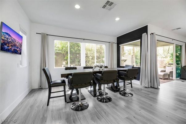 Dining room, Interior, Recessed Lighting, Wood Texture Flooring