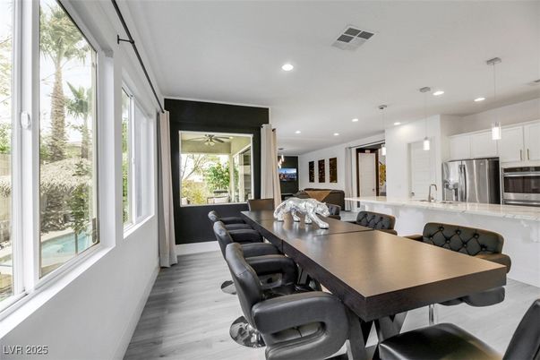 Dining room, Interior, Kitchen, Pendant Lights, Recessed Lighting, Stainless Steel Appliances, Wood Texture Flooring