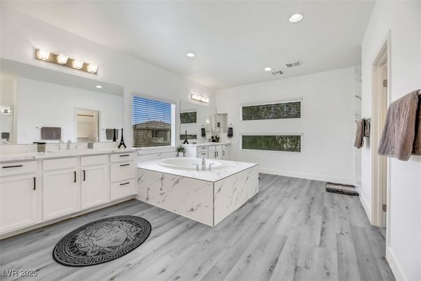 Bathroom, Dual Sink Vanities, Interior, Recessed Lighting, Wood Texture Flooring