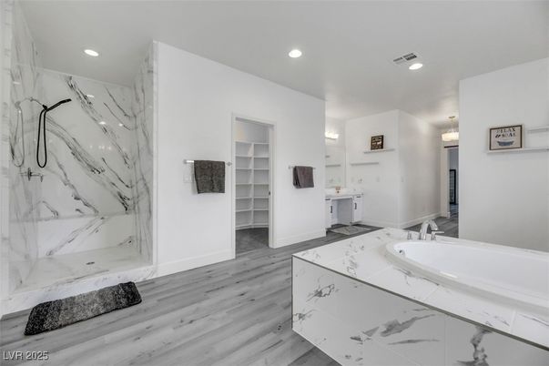 Bathroom, Interior, Marble Walls, Recessed Lighting, Wood Texture Flooring