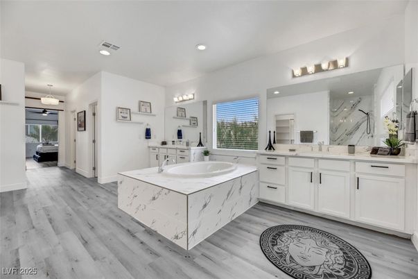 Bathroom, Dual Sink Vanities, Interior, Recessed Lighting, Wood Texture Flooring