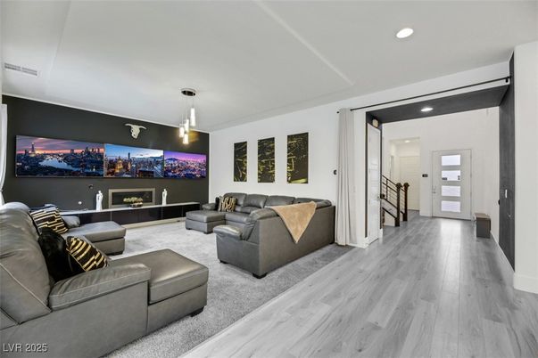 Interior, Living room, Pendant Lights, Recessed Lighting, Wood Texture Flooring