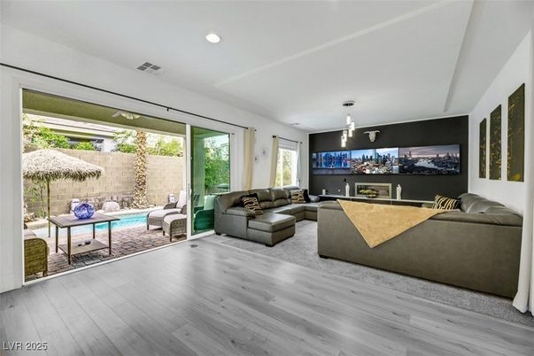 Interior, Living room, Pendant Lights, Recessed Lighting, Wood Texture Flooring