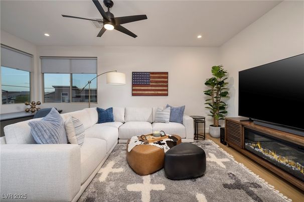 Fireplace, Interior, Living room, Recessed Lighting, Wood Texture Flooring
