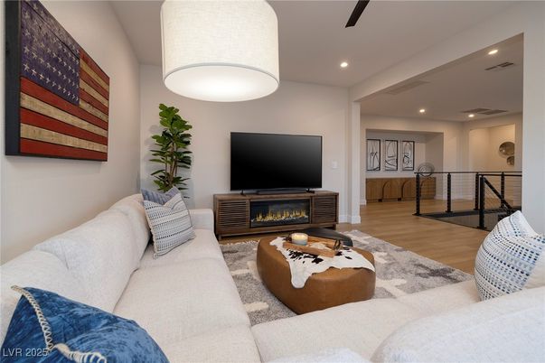 Fireplace, Interior, Living room, Recessed Lighting, Wood Texture Flooring