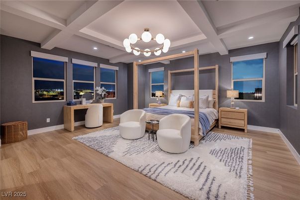 Bedroom, Chandelier, Home Office, Interior, Recessed Lighting, Wood Texture Flooring