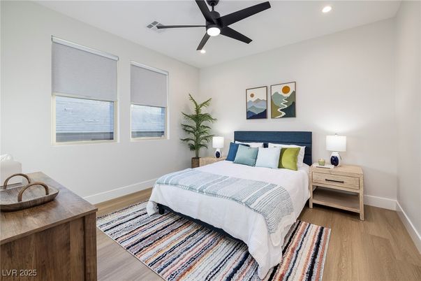 Bedroom, Interior, Recessed Lighting, Wood Texture Flooring