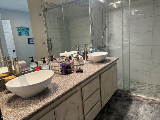 Bathroom, Dual Sink Vanities, Glass Shower, Interior, Marble Walls