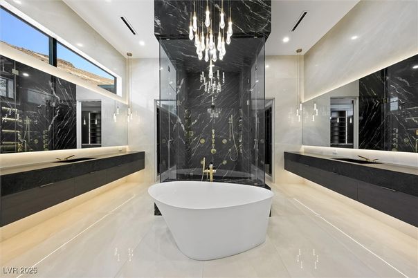 Bathroom, Free Standing Baths, Glass Shower, Interior, Marble, Marble Walls, Recessed Lighting