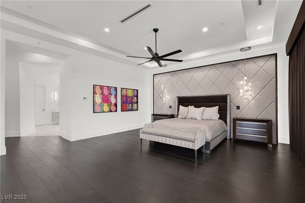 Bedroom, Interior, Pendant Lights, Recessed Lighting, Wood Texture Flooring
