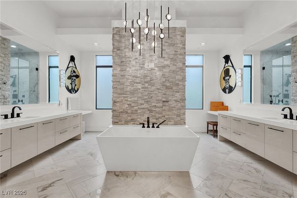 Bathroom, Dual Sink Vanities, Free Standing Baths, Glass Shower, Interior, Marble, Pendant Lights, Recessed Lighting