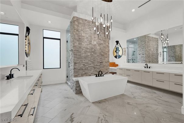 Bathroom, Dual Sink Vanities, Free Standing Baths, Interior, Marble, Pendant Lights, Recessed Lighting