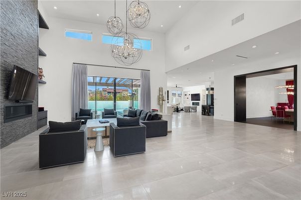 Chandelier, Fireplace, Interior, Living room, Recessed Lighting