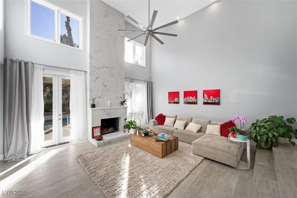 Fireplace, Interior, Living room, Pendant Lights, Wood Texture Flooring