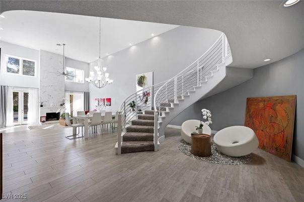 Chandelier, Dining room, Fireplace, Interior, Pendant Lights, Recessed Lighting, Wood Texture Flooring