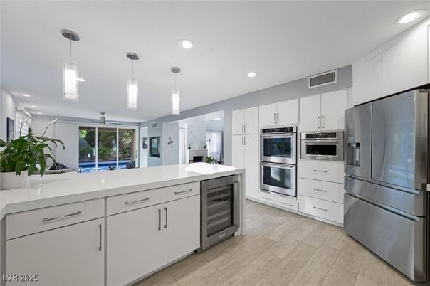 Interior, Kitchen, Pendant Lights, Recessed Lighting, Stainless Steel Appliances, Wood Texture Flooring