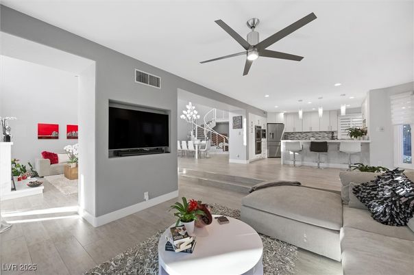 Interior, Kitchen, Living room, Pendant Lights, Recessed Lighting, Stainless Steel Appliances, Wood Texture Flooring