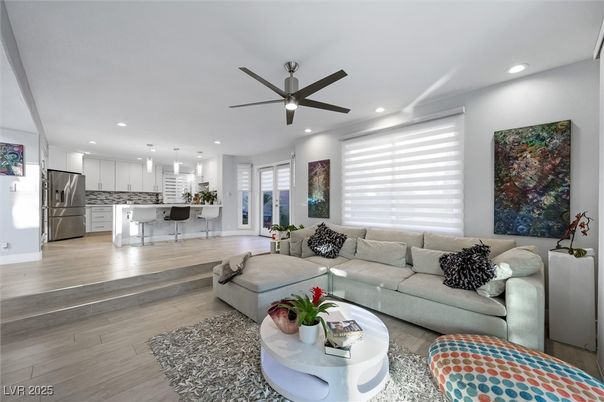 Interior, Kitchen, Living room, Pendant Lights, Recessed Lighting, Stainless Steel Appliances, Wood Texture Flooring