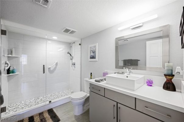 Bathroom, Glass Shower, Interior, Recessed Lighting, Wood Texture Flooring