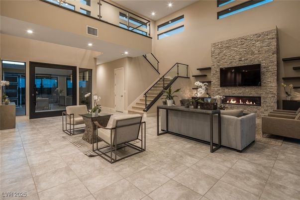 Fireplace, Interior, Living room, Recessed Lighting, Stone Walls
