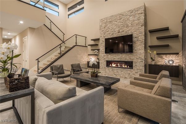 Fireplace, Interior, Living room, Recessed Lighting, Stone Walls