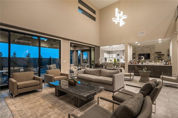 Dining room, Fireplace, Interior, Living room, Pendant Lights, Recessed Lighting, Stone Walls