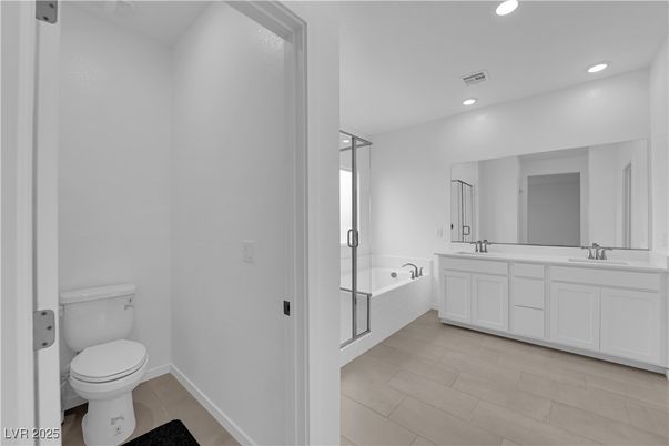 Bathroom, Dual Sink Vanities, Interior, Recessed Lighting, Wood Texture Flooring