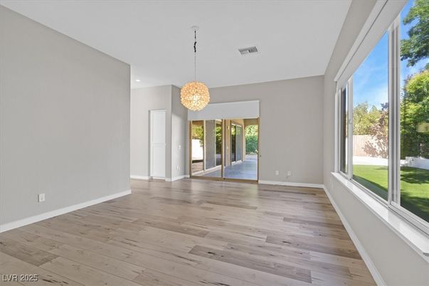 Chandelier, Empty room, Interior, Recessed Lighting, Wood Texture Flooring