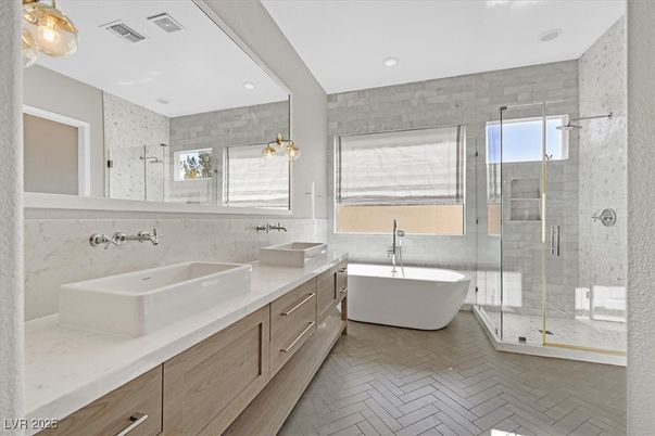 Bathroom, Dual Sink Vanities, Free Standing Baths, Glass Shower, Interior, Recessed Lighting