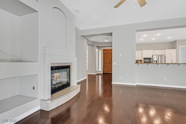 Fireplace, Interior, Kitchen, Recessed Lighting, Wood Texture Flooring