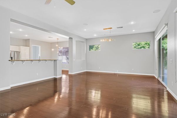 Chandelier, Empty room, Interior, Pendant Lights, Recessed Lighting, Wood Texture Flooring